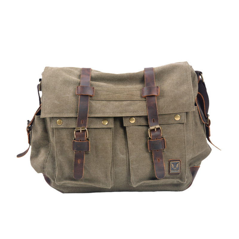 Large capacity canvas and genuine leather messenger bag in five colors