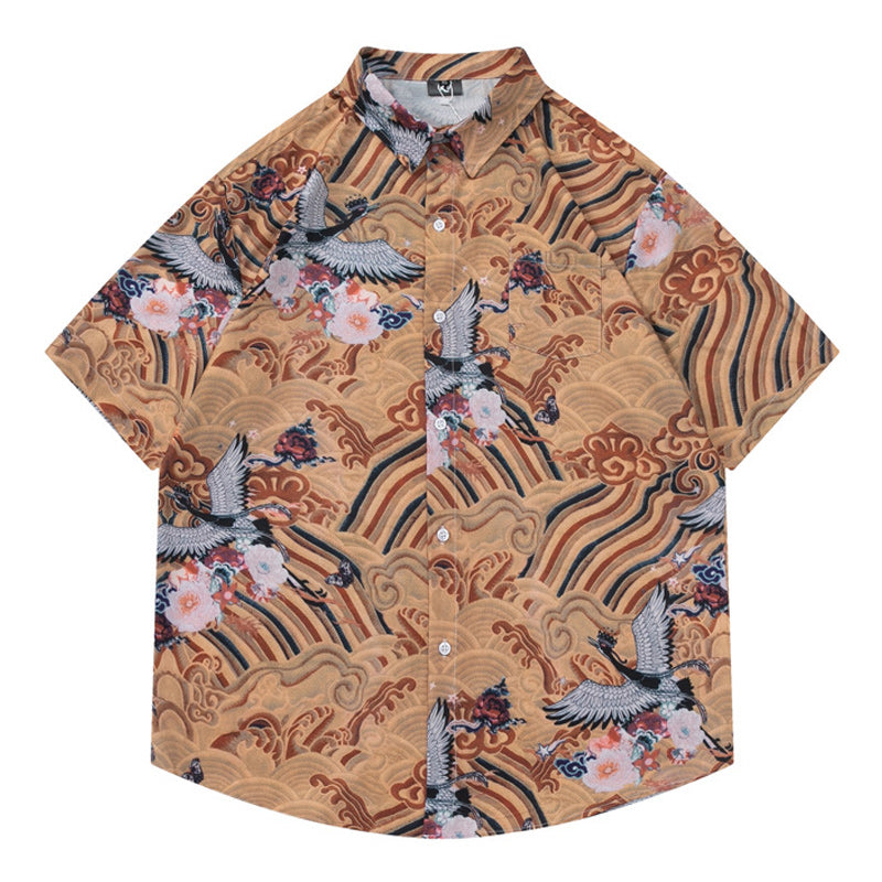 Ethnic "Crane" all-over print short-sleeved shirt