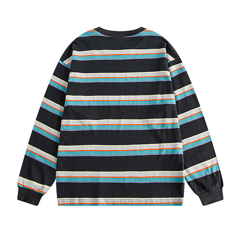 Color-coordinated striped embroidered long-sleeved hoodie