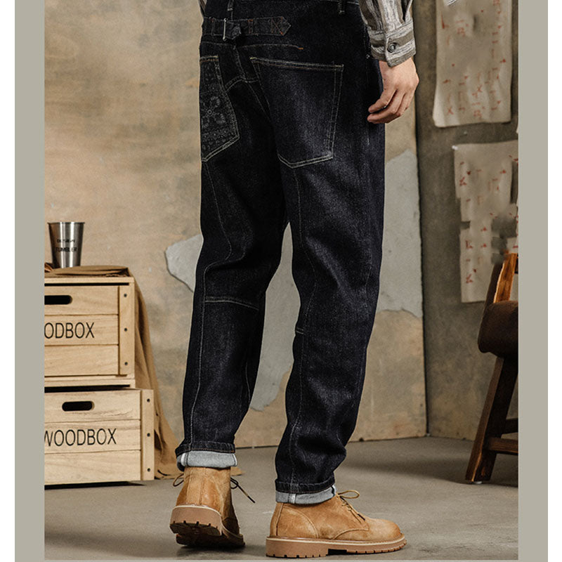 American casual cashew nut floral print tapered denim pants