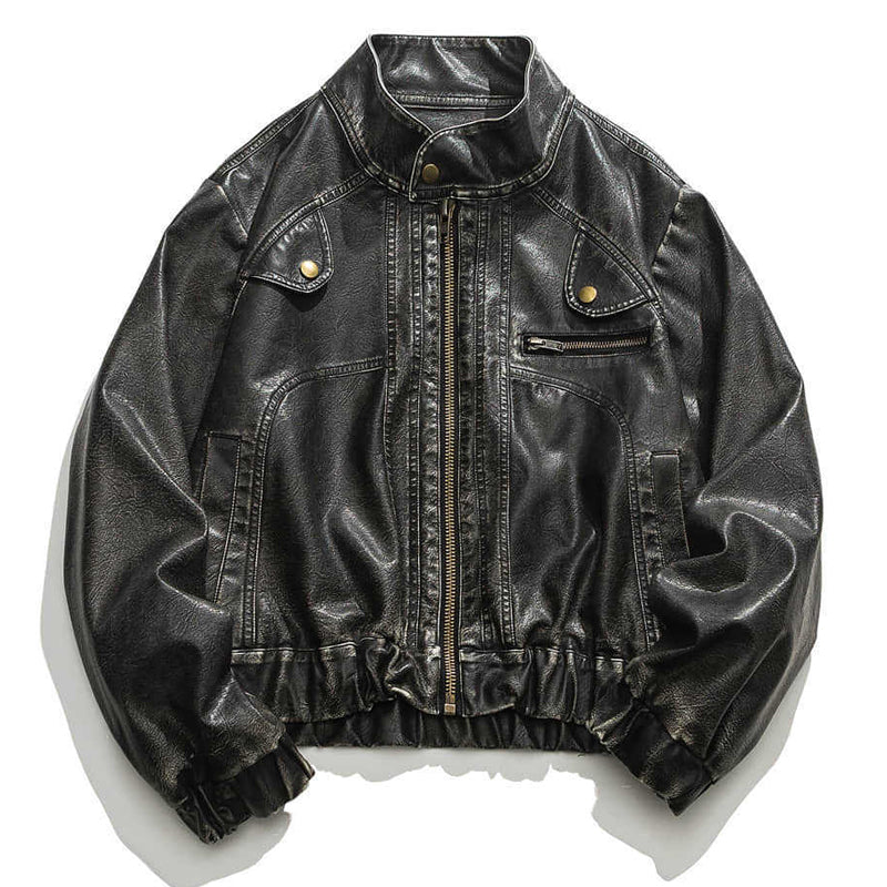 Retro stand-collar distressed motorcycle jacket