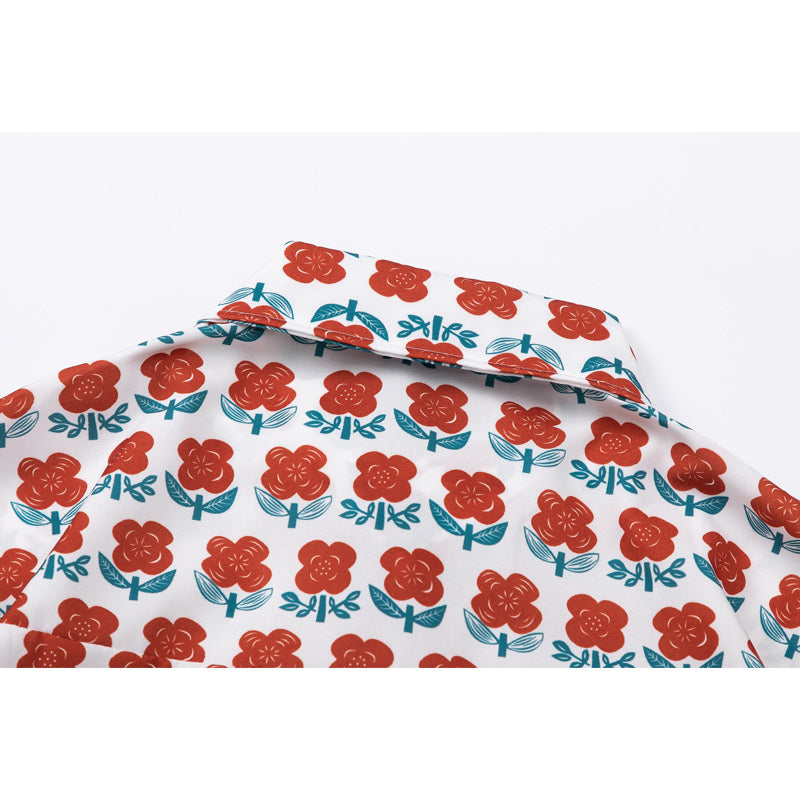 Full-bloom red flower print short-sleeved Hawaiian shirt