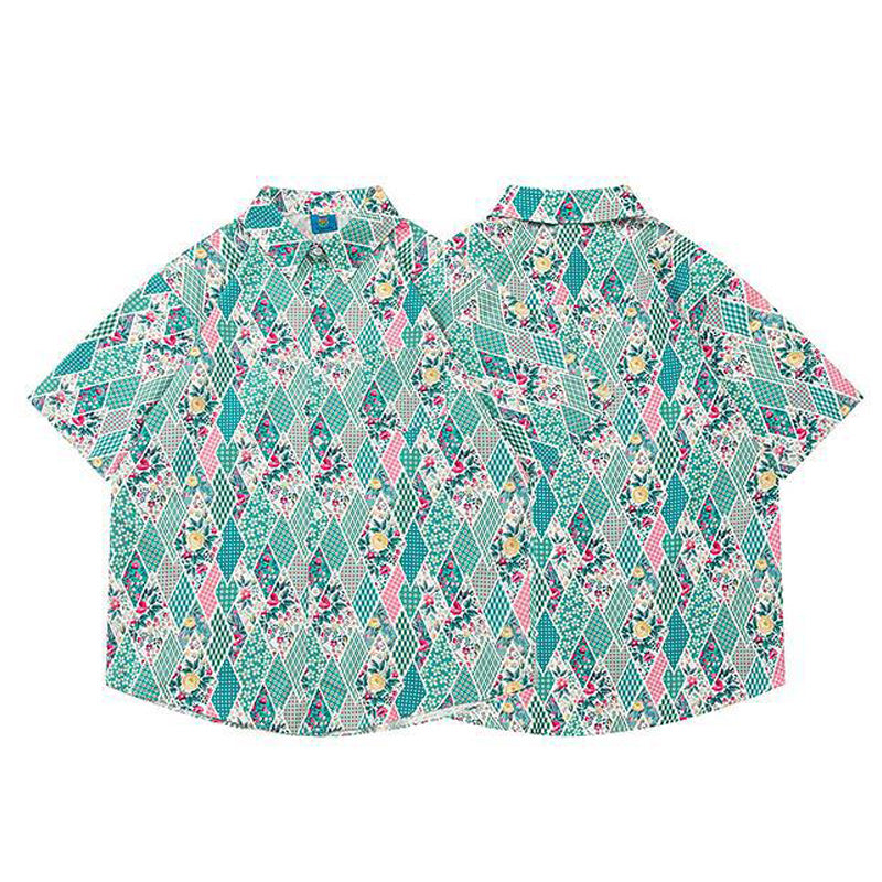 Retro floral diamond-print short-sleeved shirt