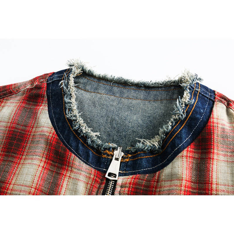Reversible denim and check pattern 2-way vest