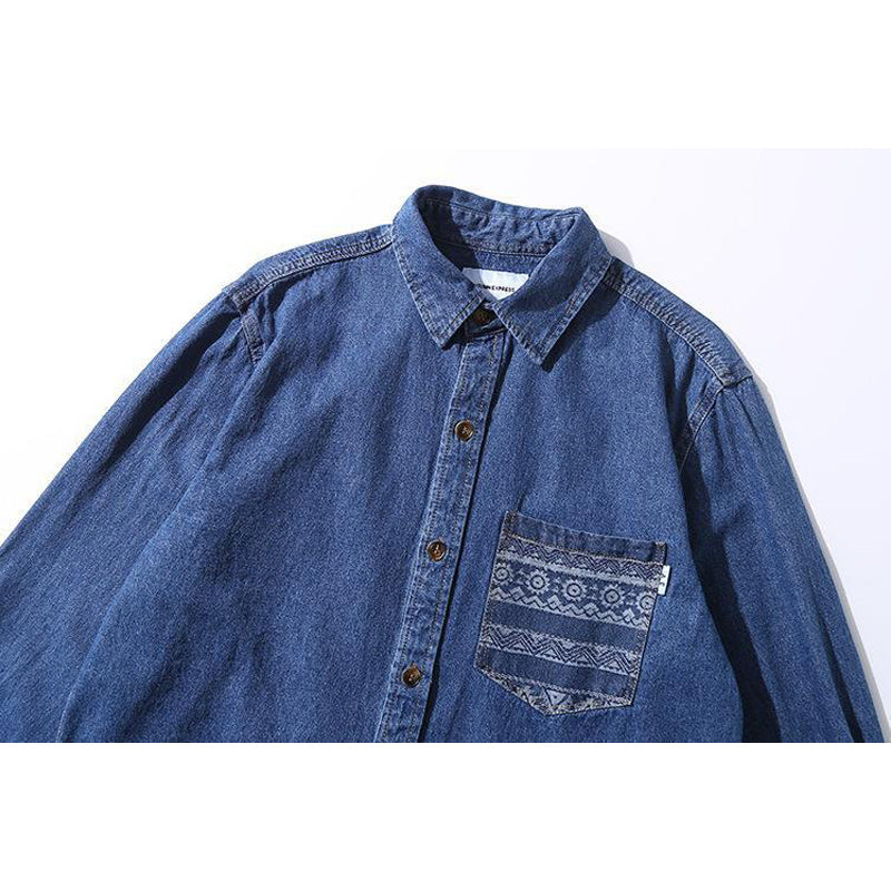 Ethnic pocket denim long sleeve shirt