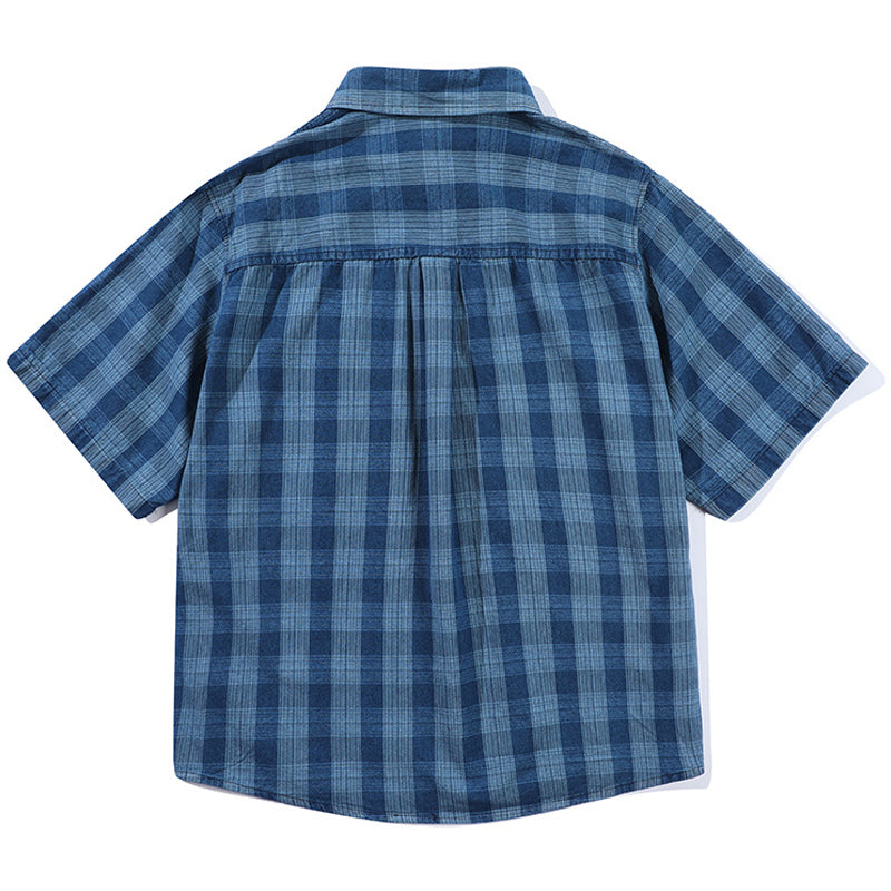 New for summer: Blue checkered turn-down collar short-sleeved shirt