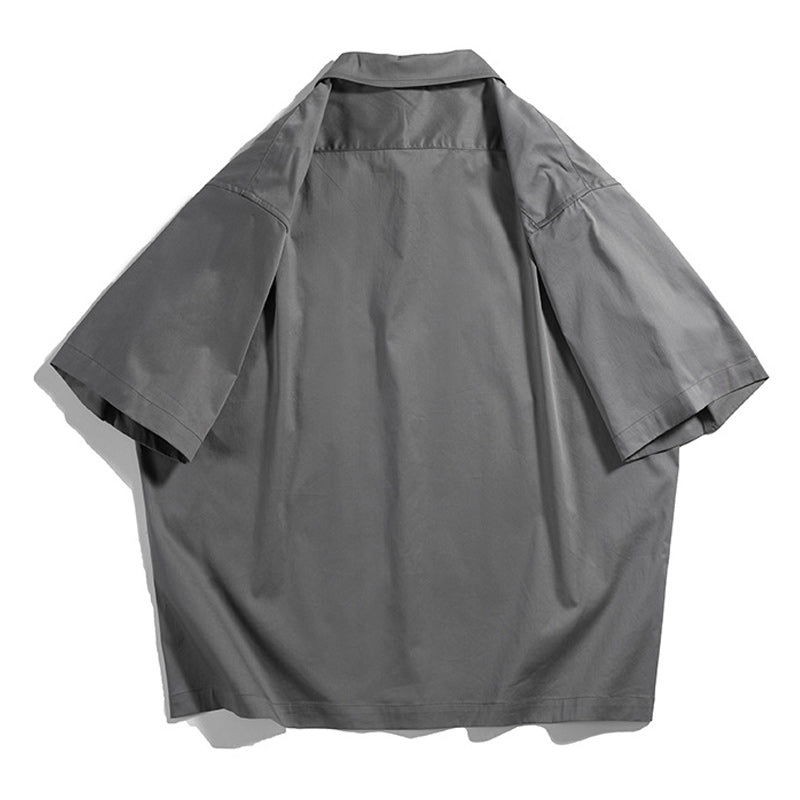 Retro Zipper Solid Work Short Sleeve Shirt