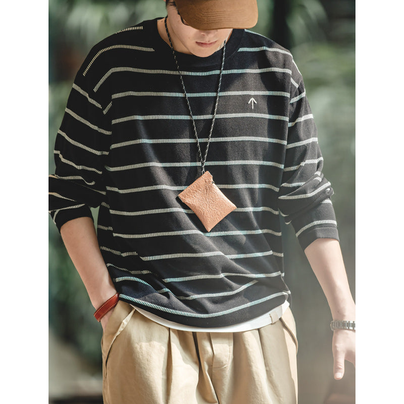 "Up Arrow" Embroidered Striped Knit Long Sleeve Tee