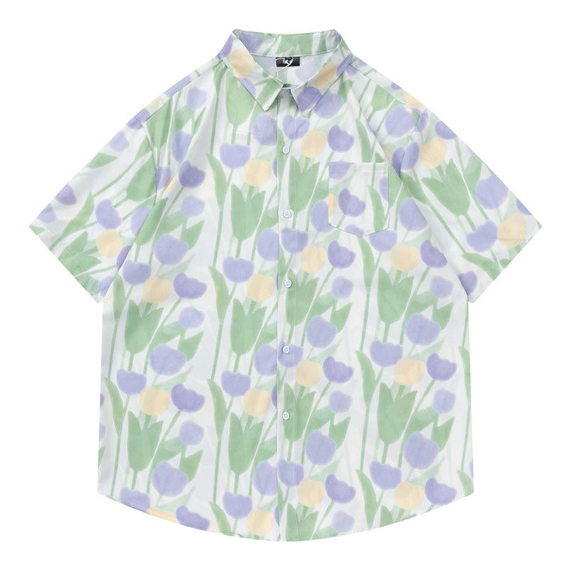 Holiday style tulip print short sleeve shirt