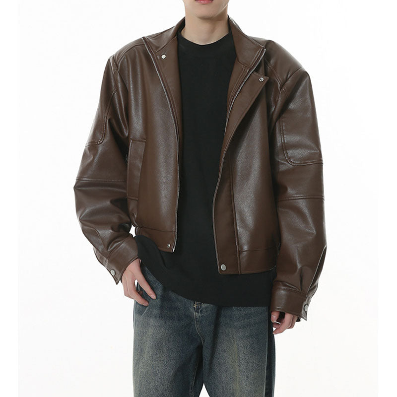 Classic short type shoulder pad simple PU leather jacket