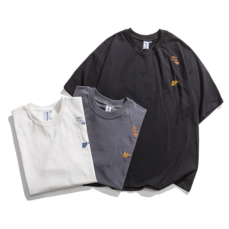 刺繡入り 不規則ステッチコットンTシャツ