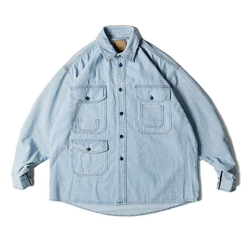 Spring color-coordinated striped multi-pocket skipper shirt