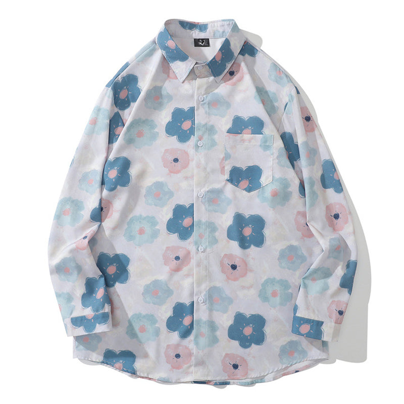 New summer color combination floral print long sleeve shirt