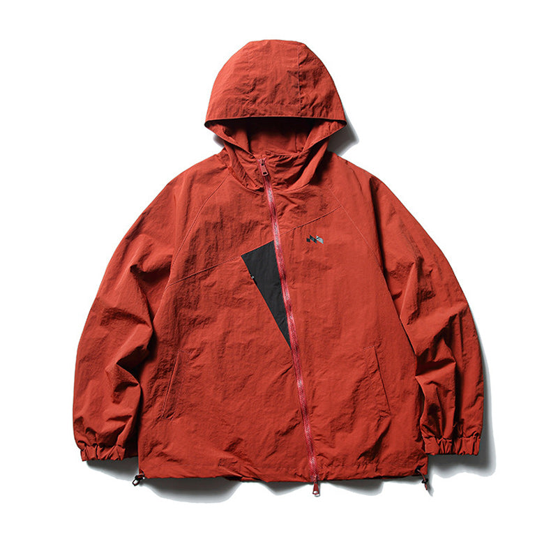 Color-coordinated irregular zipper hooded jacket