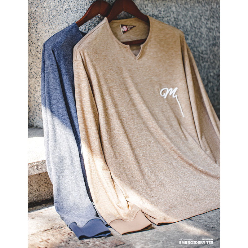 New for Fall! American Casual Embroidered V-Neck Long Sleeve T-Shirt