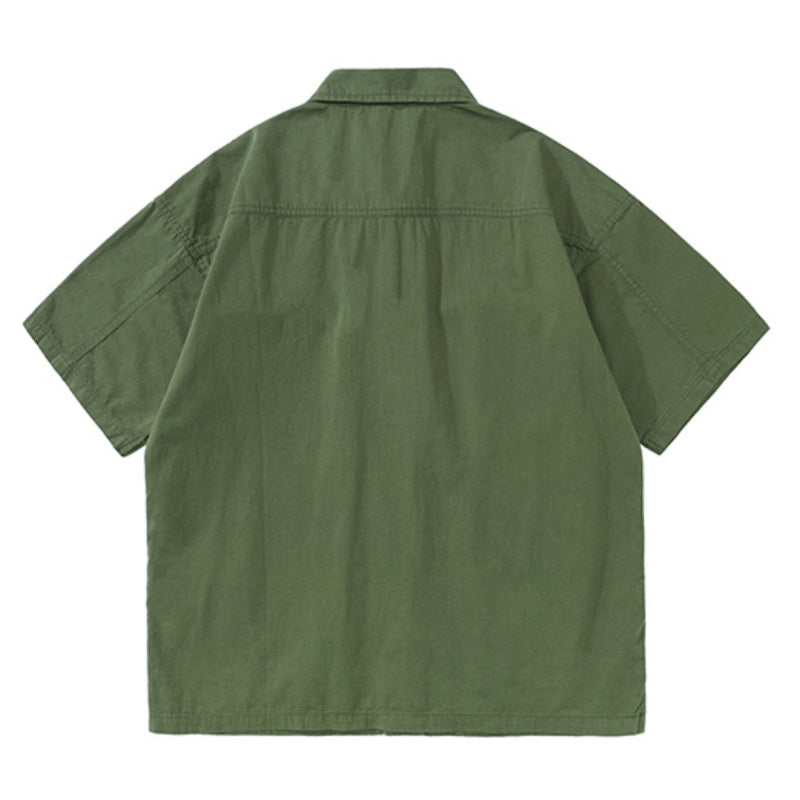Retro cotton multi-pocket work short-sleeved shirt