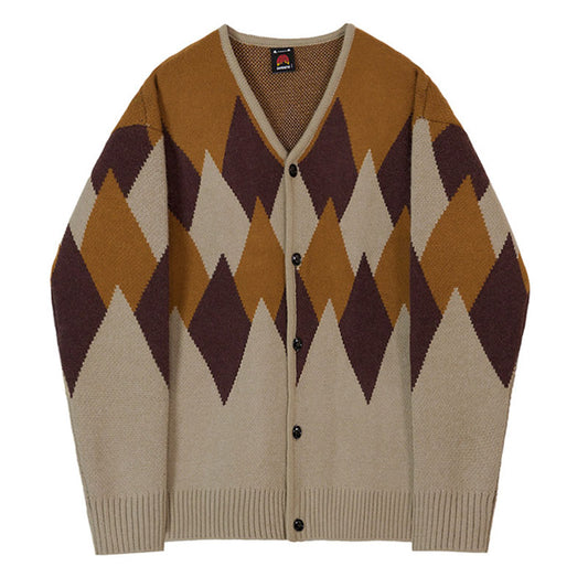 Color-blocked cardigan argyle sweater