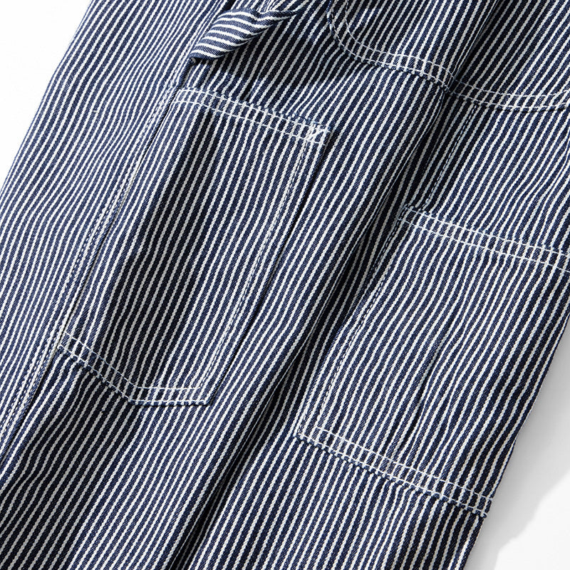 Multi-pocket work pants available in two styles: raw denim and striped denim