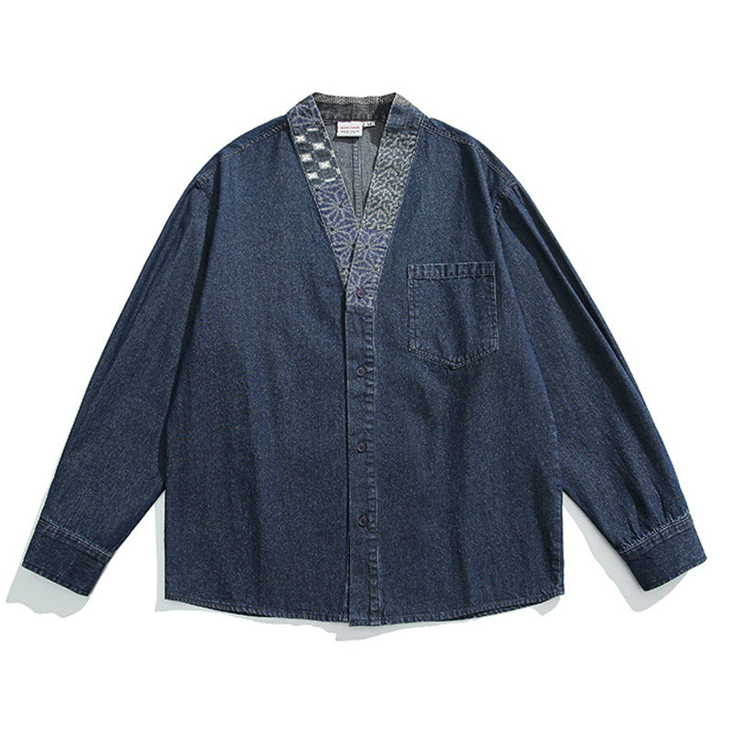 Plain washed denim collarless jacket