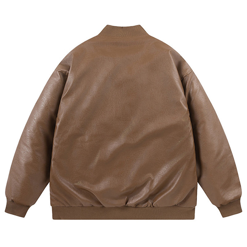 Men's Winter PU Leather Baseball Jacket, Loose Fit, Cold Weather, Windproof, and Warm, Stand-Up Collar