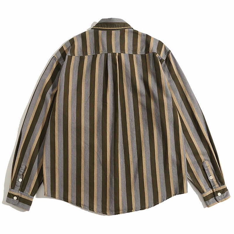 Retro color-block striped cotton long-sleeved shirt