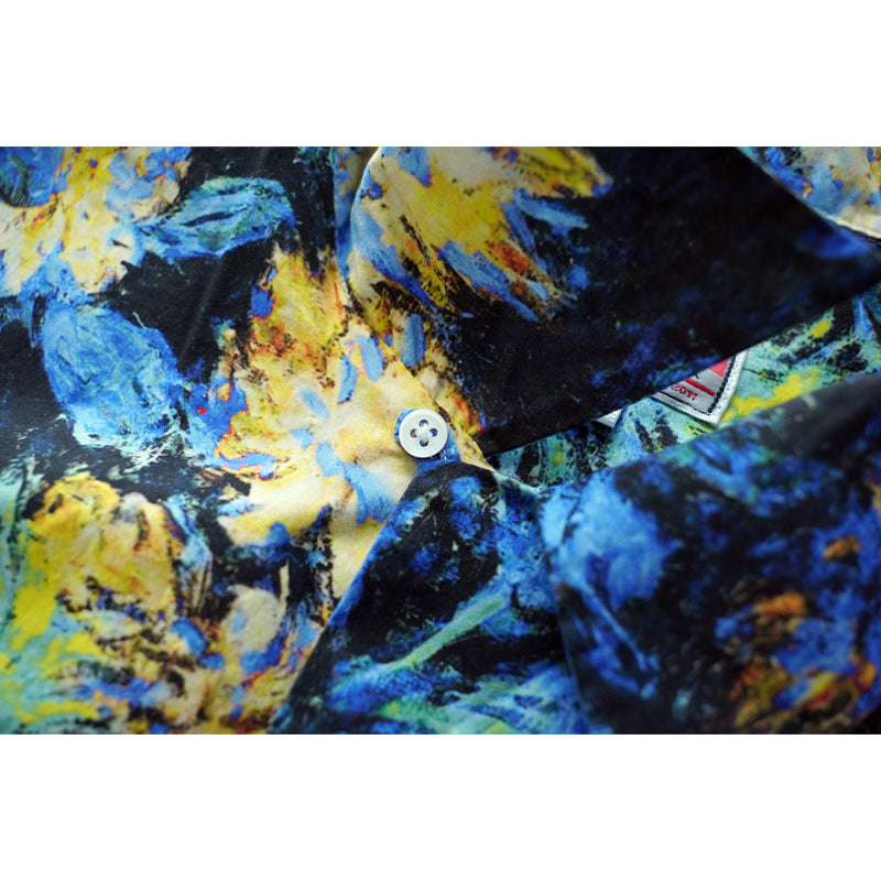 HAWAII ALOHA "Phantom Blue Flowers" Oil Painting Aloha Shirt