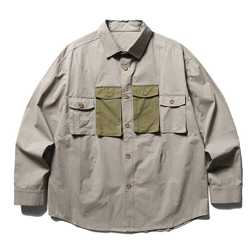 Fashionable color matching multi-pocket long-sleeved shirt