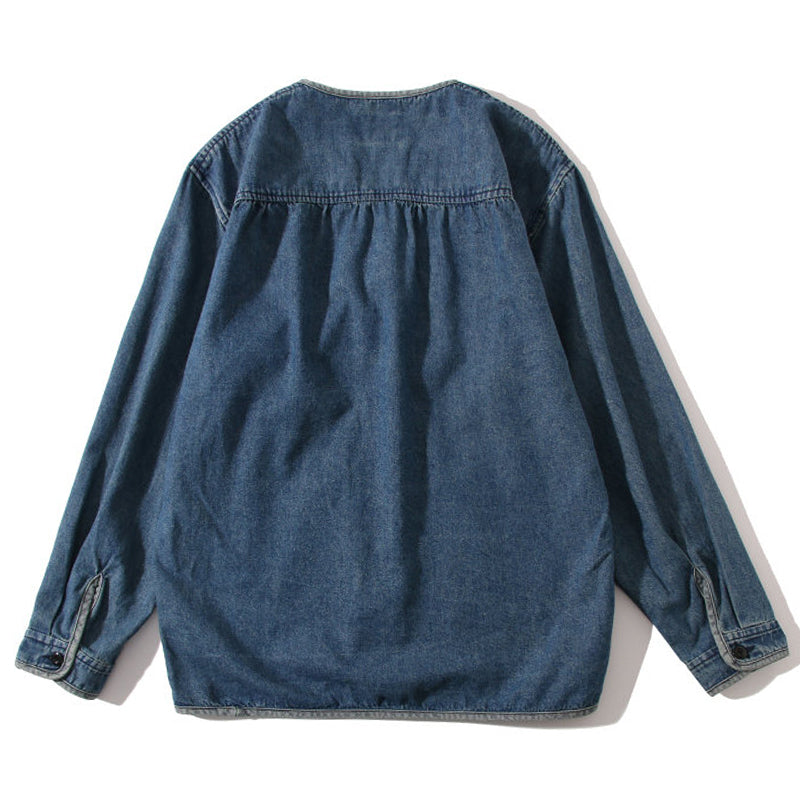 Color-coordinated button collarless denim jacket