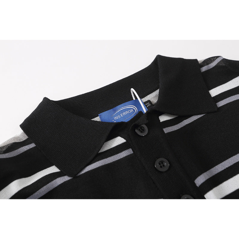 Retro Striped Stockinette Knit Polo Shirt