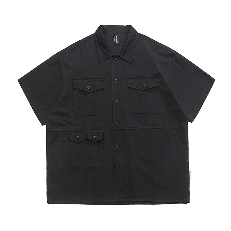 Plain multi-pocket work short-sleeved shirt