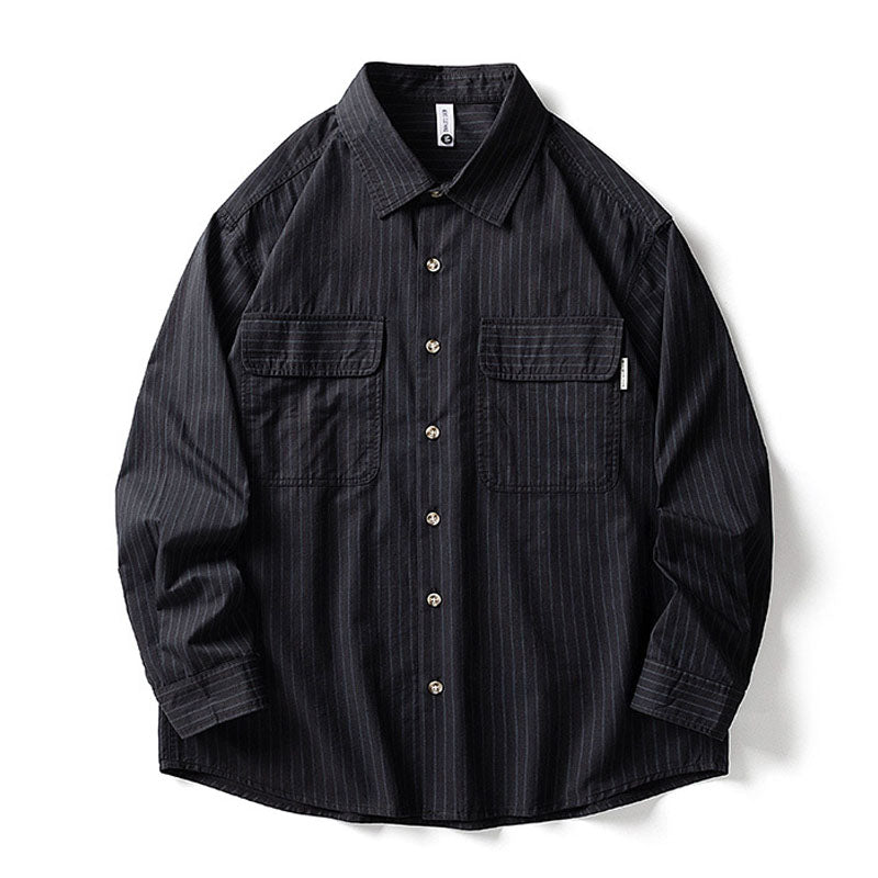 Striped turn-down collar three-dimensional pocket shirt