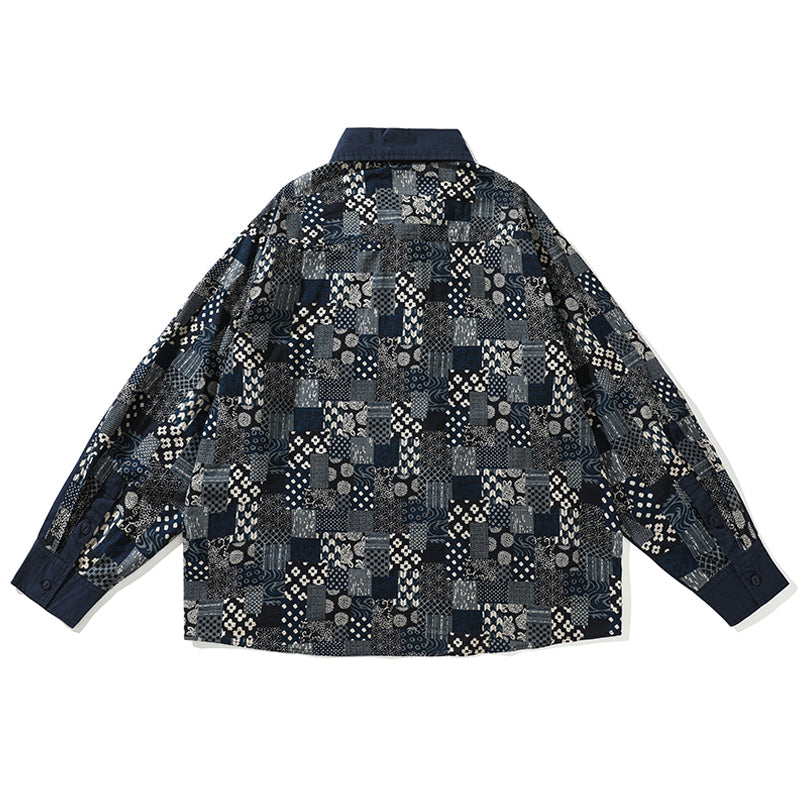 Chinese button long sleeve shirt with vintage patch pattern on the back