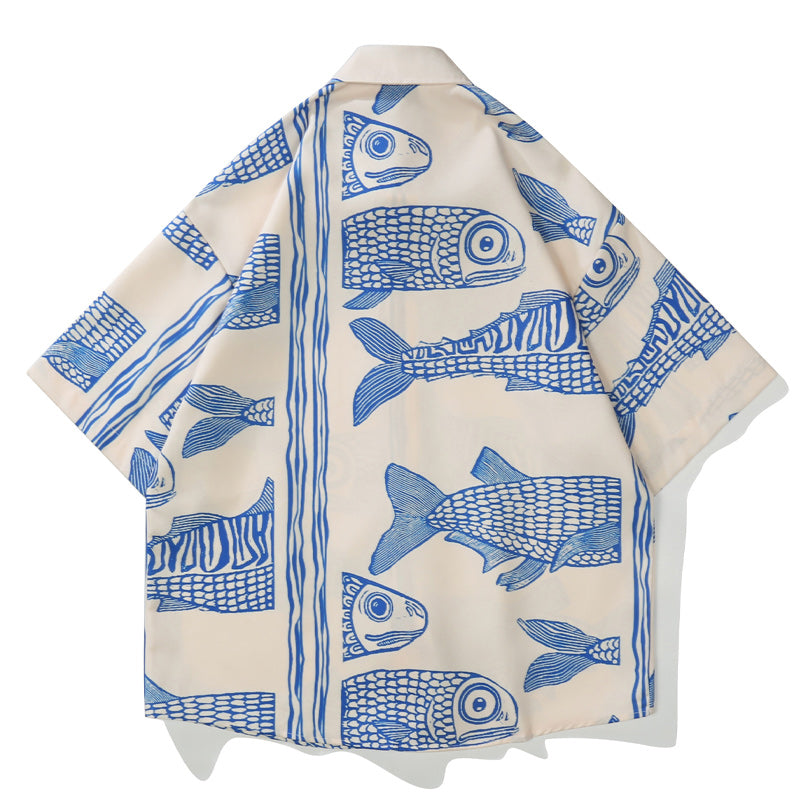 Retro ancient fish print short sleeve shirt