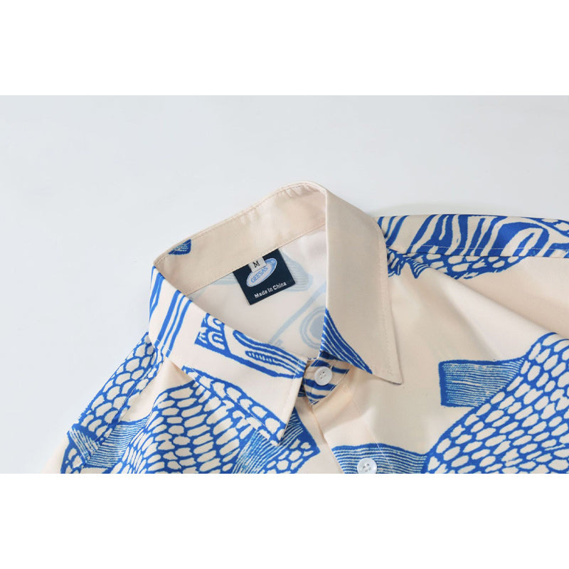 Retro ancient fish print short sleeve shirt