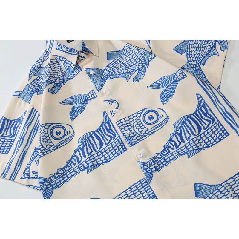 Retro ancient fish print short sleeve shirt