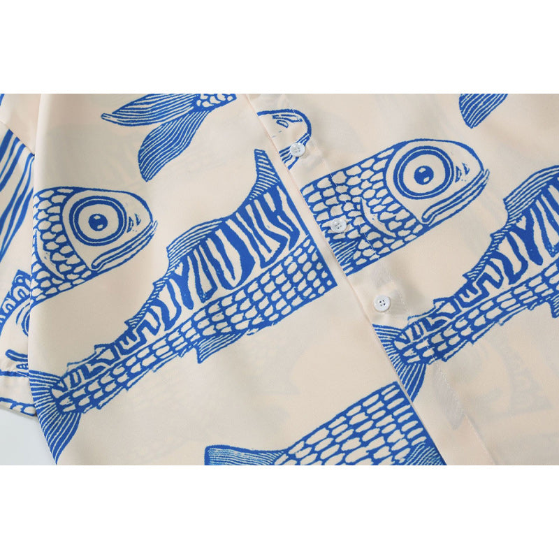 Retro ancient fish print short sleeve shirt