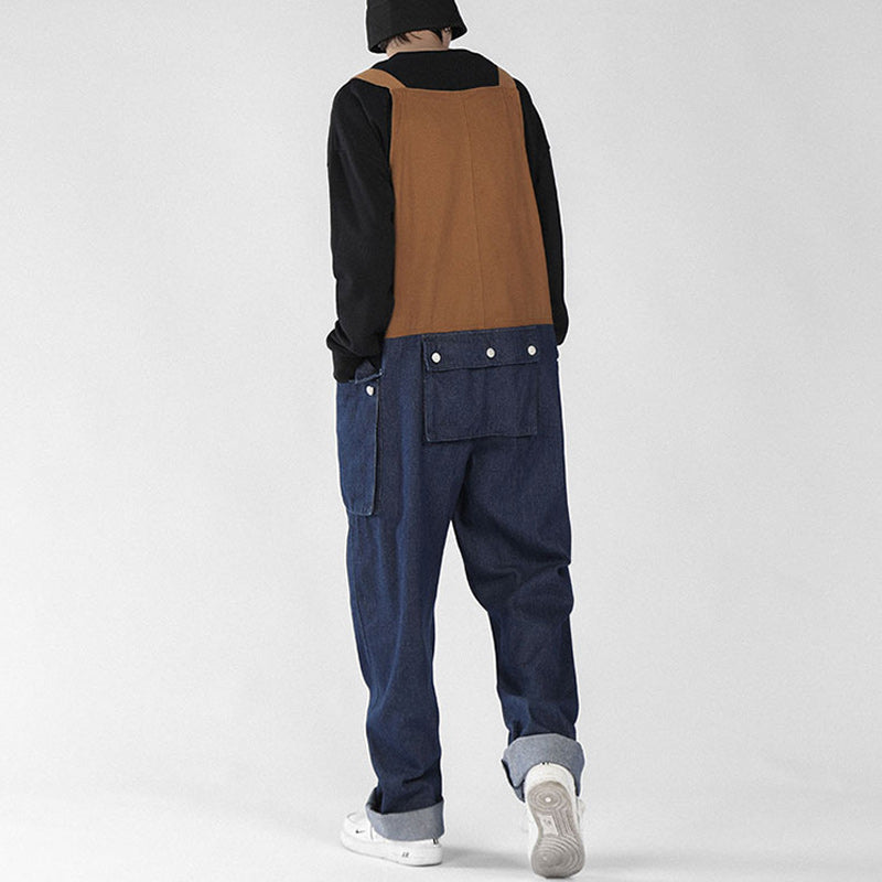 「S~5XL」レトロ切替配色ポケットオーバーオール