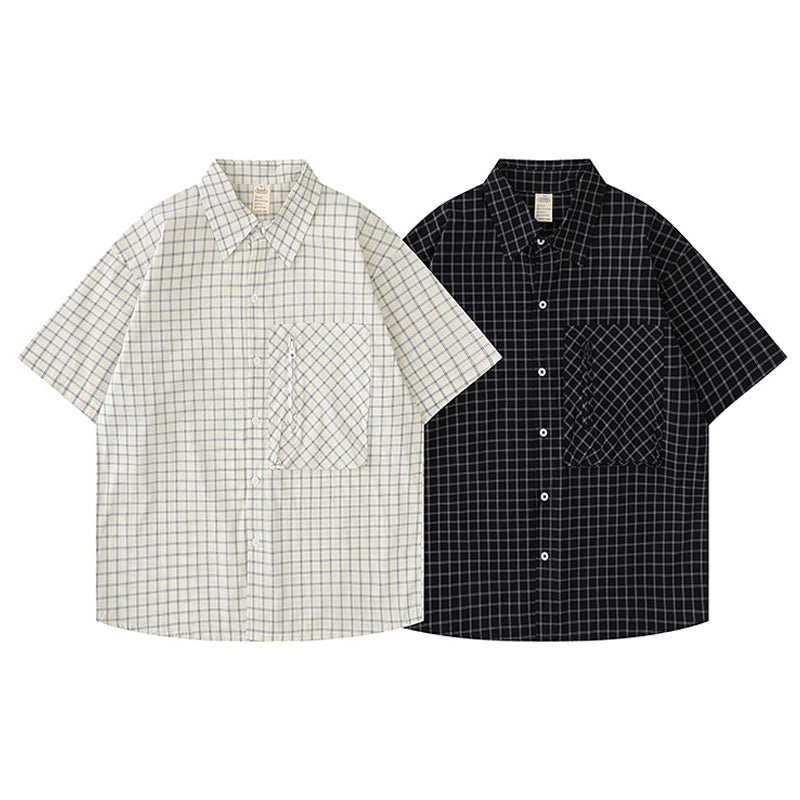 Classic zipper pocket check pattern short sleeve shirt