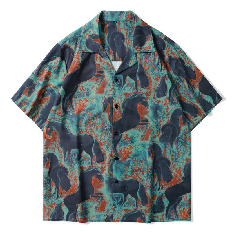 Retro Hawaiian "Horse" Print Short Sleeve Shirt