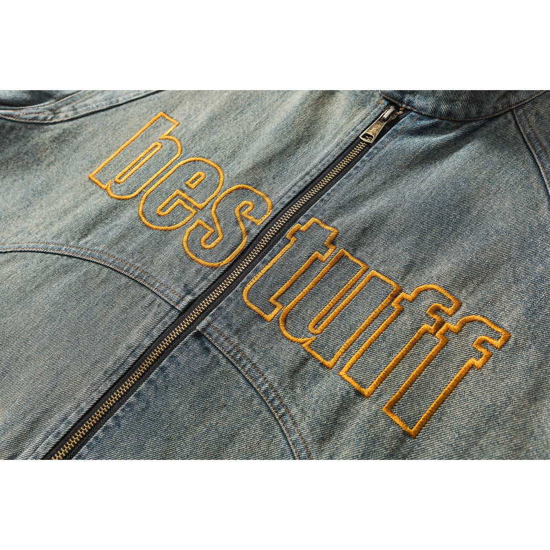 Stand collar washed denim embroidered jacket
