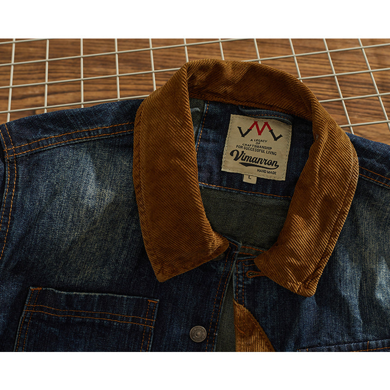 Corduroy-trimmed washed denim jacket