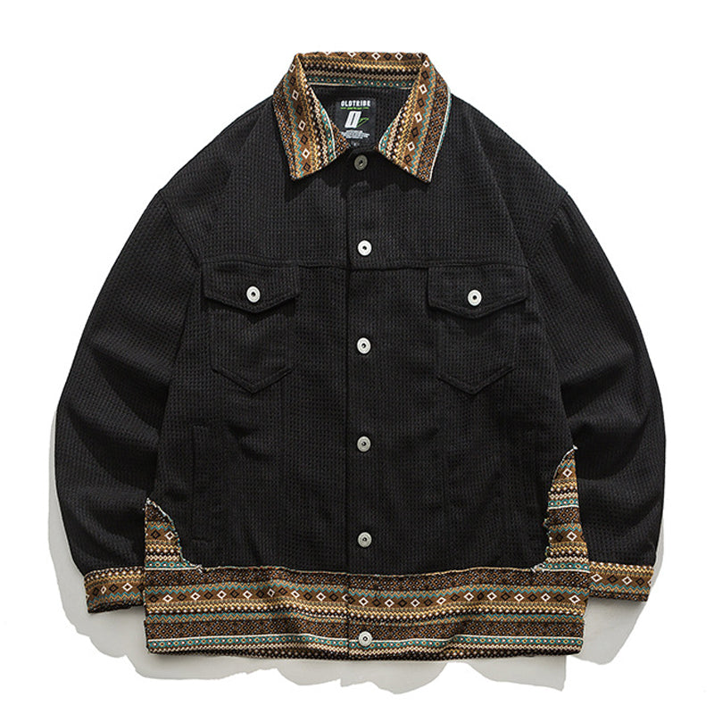 Jacquard patchwork ethnic waffle jacket