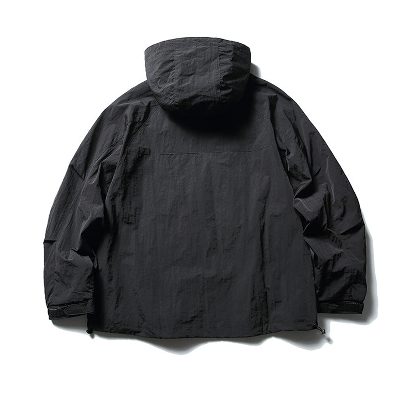 Color-coordinated irregular zipper hooded jacket