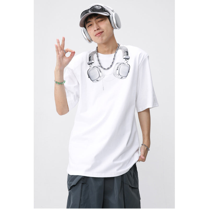 Easy-to-match earphone print short-sleeved T-shirt