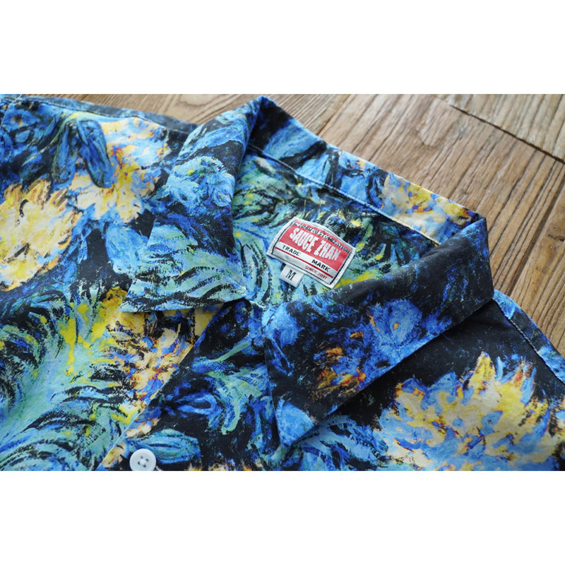 HAWAII ALOHA "Phantom Blue Flowers" Oil Painting Aloha Shirt