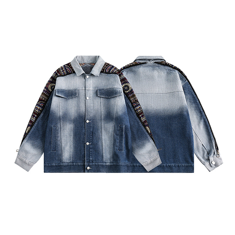Original ethnic jacquard patchwork denim jacket