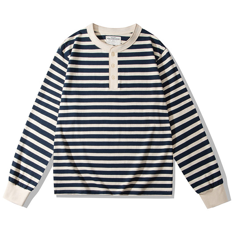 Striped Henley neck long sleeve tee