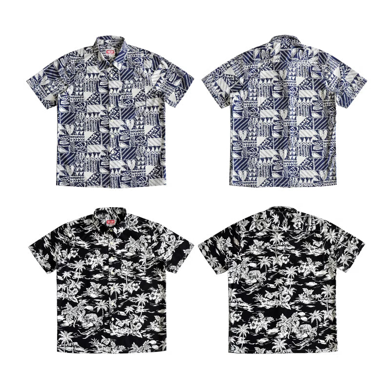 Choose from two botanical print aloha shirts