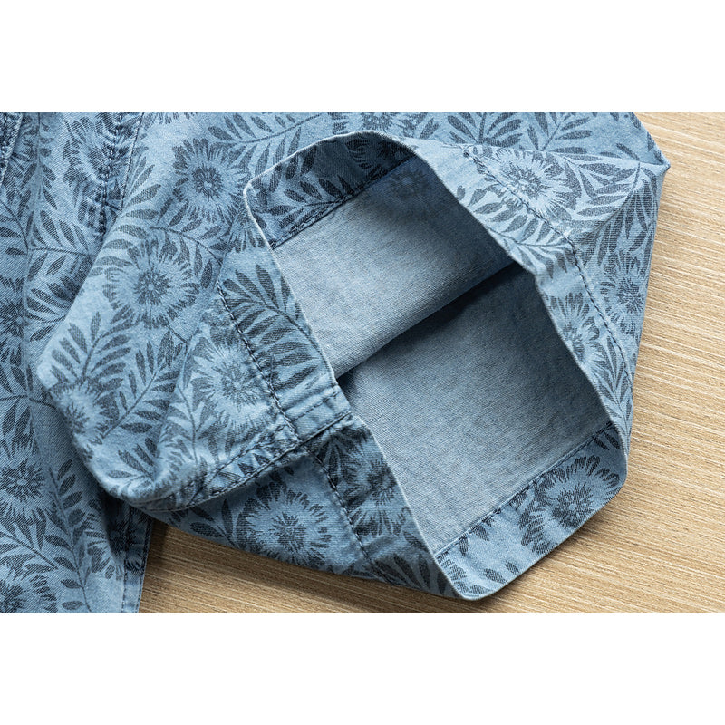 Denim blue all-over print short-sleeved shirt