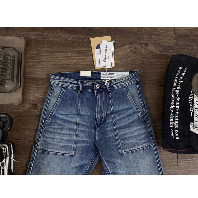 Whiskered and washed patch pocket denim pants